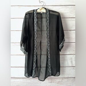 Black Sheer Embroidered Kimono Cover-Up –OSFA Summer Beach Swim Suit Casual Wear
